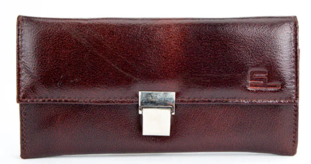 Classic Burgundy Leather Trifold Clutch with Metallic Push-Lock Closure