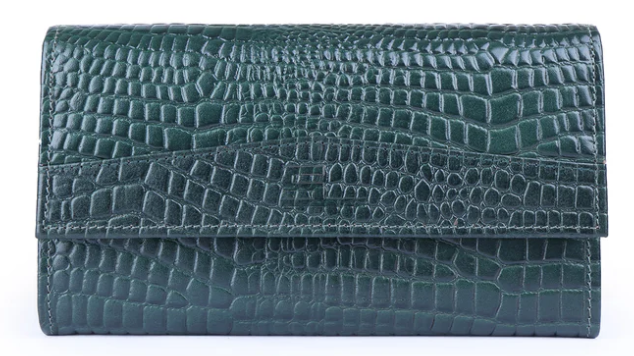 Elegant Bottle Green Crocodile-Embossed Leather Clutch Wallet