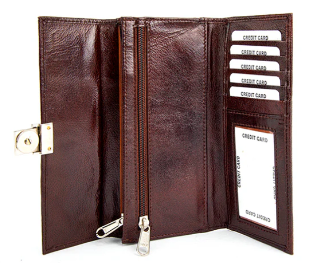 Classic Burgundy Leather Trifold Clutch with Metallic Push-Lock Closure