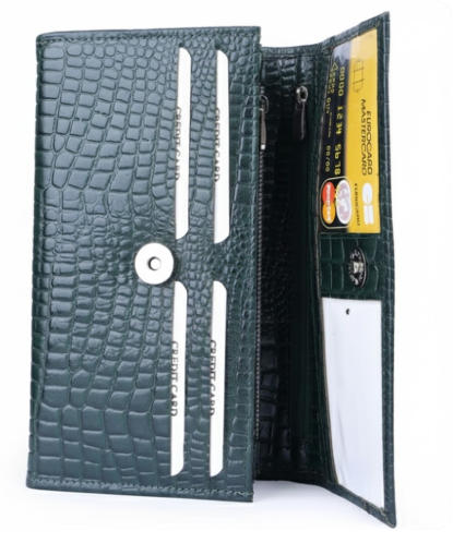 Elegant Bottle Green Crocodile-Embossed Leather Clutch Wallet