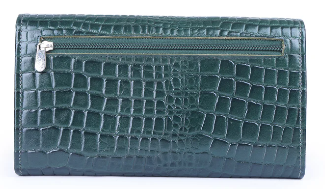 Elegant Bottle Green Crocodile-Embossed Leather Clutch Wallet