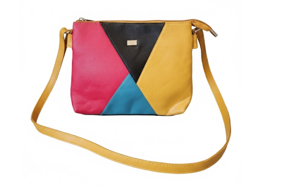 Multicolor Crossbody Synthetic Bag - Geometric Patchwork Shoulder Purse with Adjustable Strap